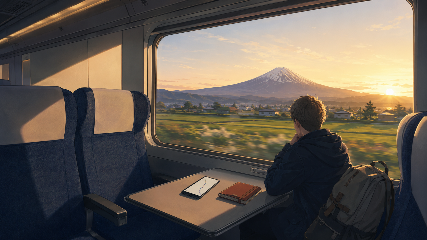 日本へ向かう列車の窓辺で旅を計画する旅行者